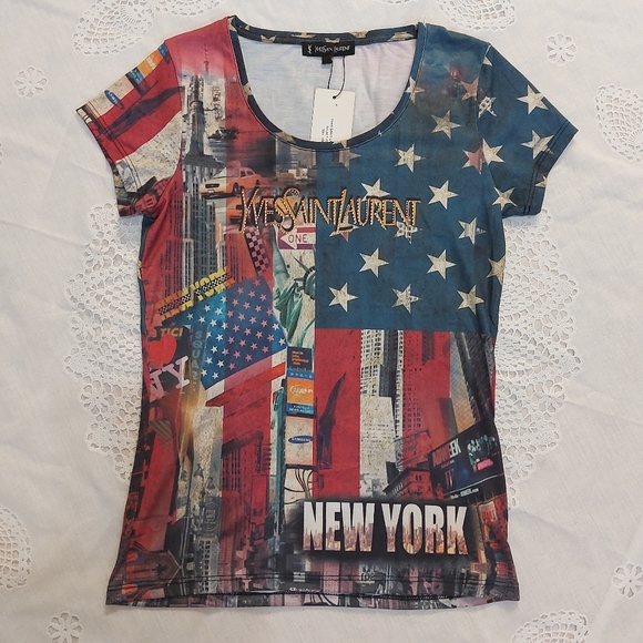 Yves St Laurent Inspired New York Novelty Print Short Sleeve Top Sz M - Picture 2 of 10